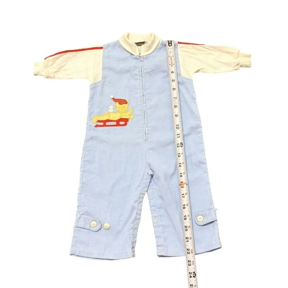 Vtg 80s Betti Terrell by Johnston 9-12M Bear Sled Blue‎ Corduroy Overall L/S